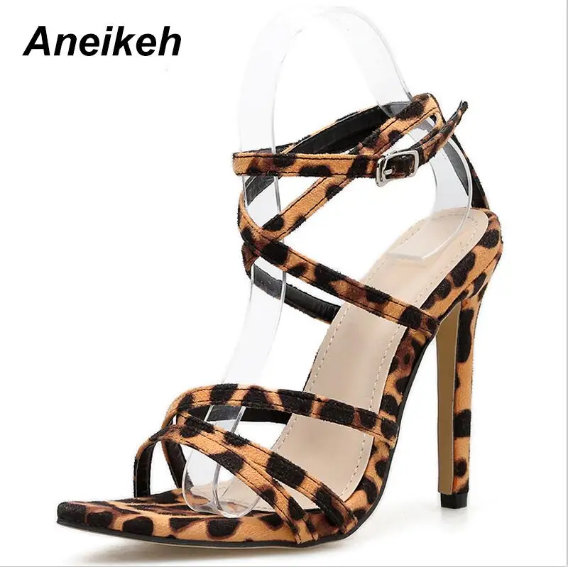 Leopard Print Aneikeh/сандалии-гладиаторы; женская летняя обувь; Пряжка Леопард; пикантные туфли-лодочки на высоком каблуке; Модные женские сандалии с открытым носком - Цвет: Leopard Print
