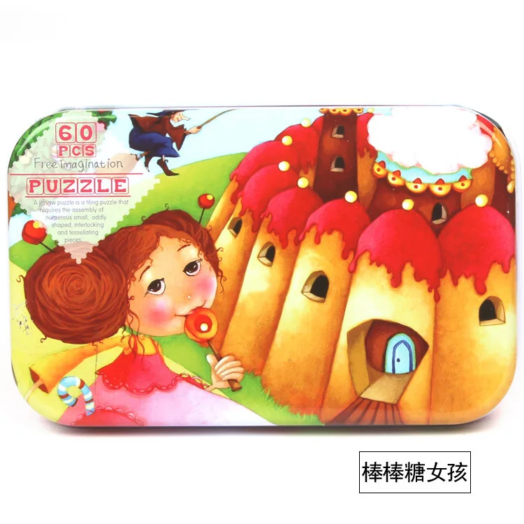 Lollipop girl Premium Size 22.5* 13cm Wooden Large 60 Piece Iron Box Cartoon Animal Baby Puzzle Child Wooden Educational Toy Girl Boy - Цвет: Lollipop girl