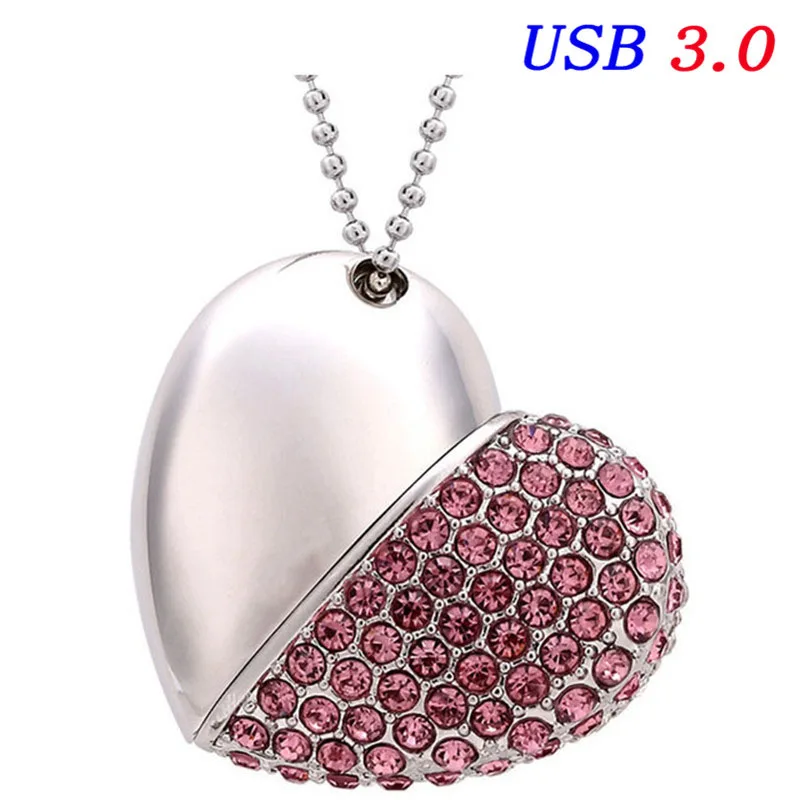 JASTER USB 3,0, Кристальный бриллиант, любовь, сердце, usb флеш-накопитель, карта памяти, сердца с цепочкой, флешка, 4 ГБ, 8 ГБ, 16 ГБ, 32 ГБ, 64 ГБ, подарок - Цвет: Pink