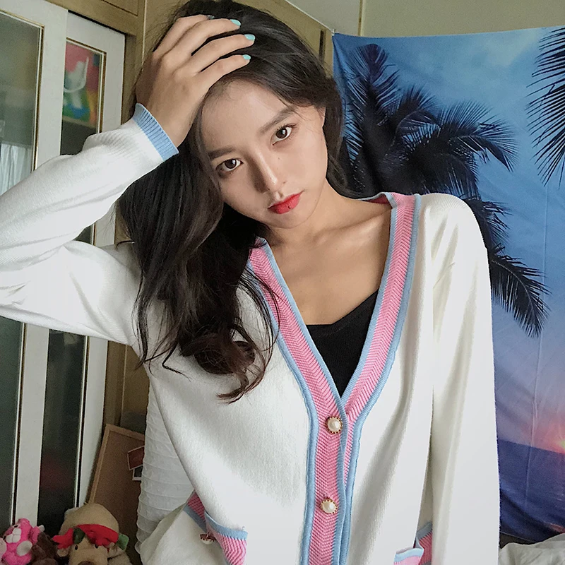 Новинка сезона весна-осень 2019 белый вязаный кардиган с феями блузка популярного