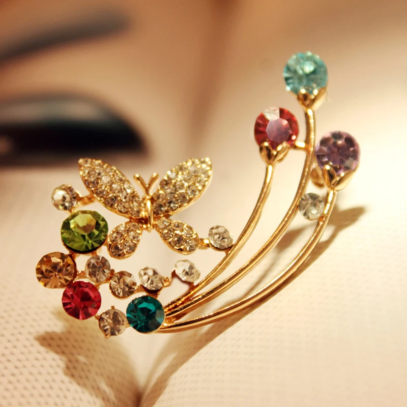 Мода 2017 г. Кристалл Бабочка Женщины Броши Модные животных Женские цветочные