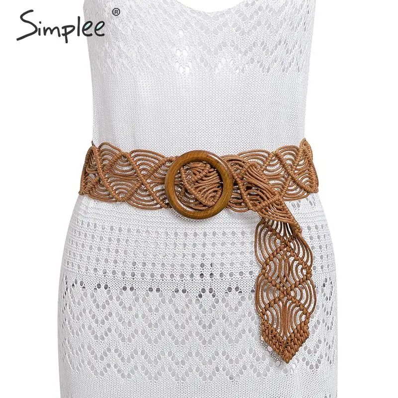 Light Brown Женский вязаный тканый широкий пояс Simplee,лето, женский модный богемный винтажный пояс для платья, женский повседневный однотонный пояс - Цвет: Light Brown
