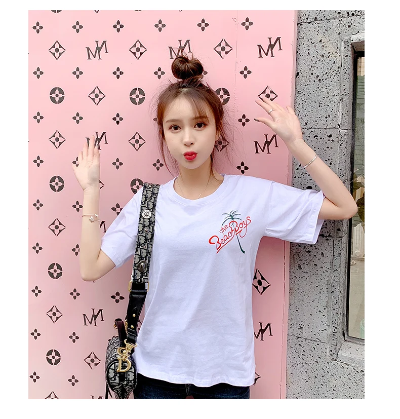 2019 Summer Women Casual Loose T-shirt O-Neck Short-sleeved Printed Letter Top Plus Size S-XL W803 | Женская одежда