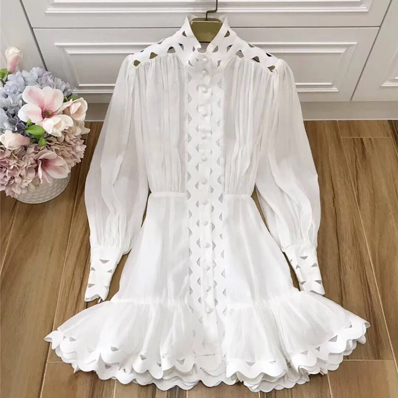 Женское Короткое платье рубашка белое с длинным рукавом фонариком летнее