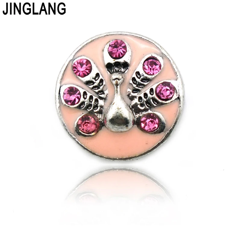 

JINGLANG Fashion Floating Locket Pink Rhinestone Metal Snap Button Retro Gray Bracelet Accessories Jewelry