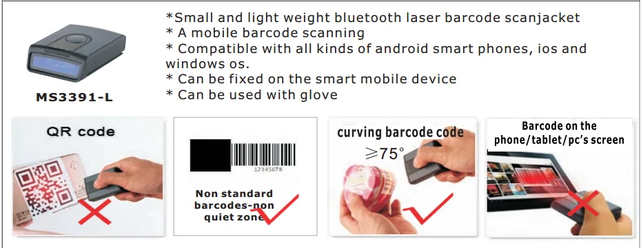 1D сканер штрих-кода MS3391-L W/правое крепление на запястье Bluetooth лазерный сканер ж/Встроенный аккумулятор для Iphone App