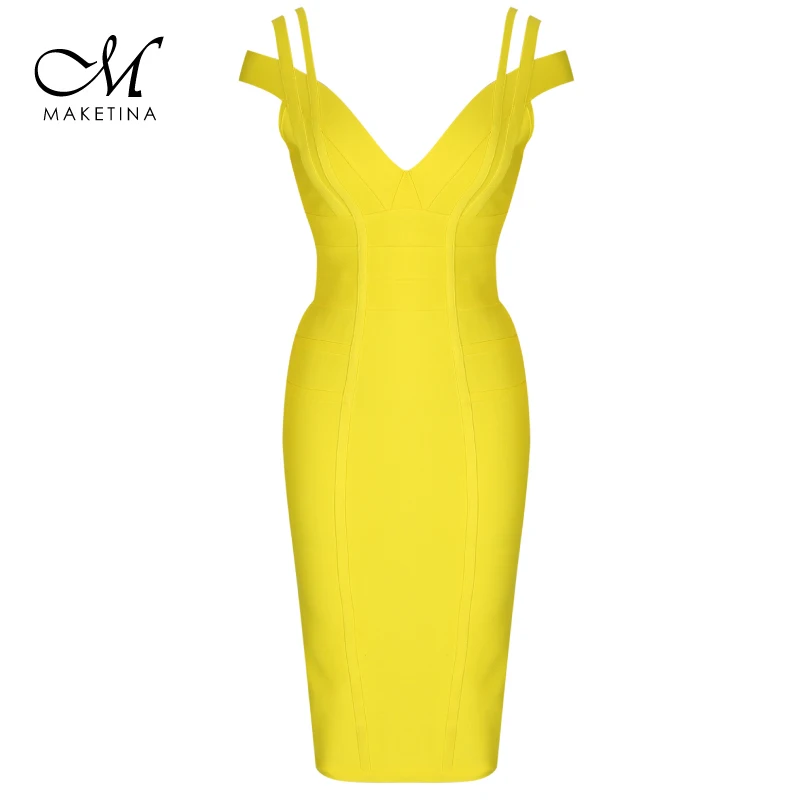 Yellow Maketina Новинка высокое качество женское платье с открытыми плечами размера плюс Красное вино облегающее Бандажное платье сексуальное платье с v-образным вырезом - Цвет: Yellow