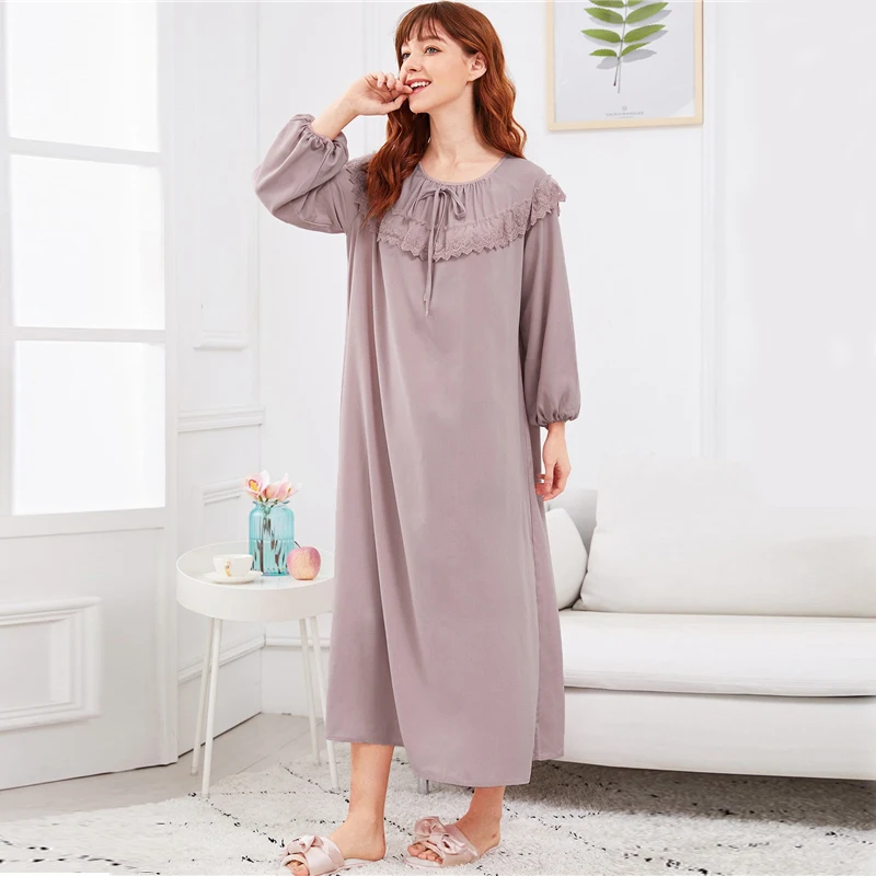 SHEIN Длинная Ночная Рубашка С Ажурной Вставкой, Пижама С Длинным Рукавом И Кружевной Вставкой