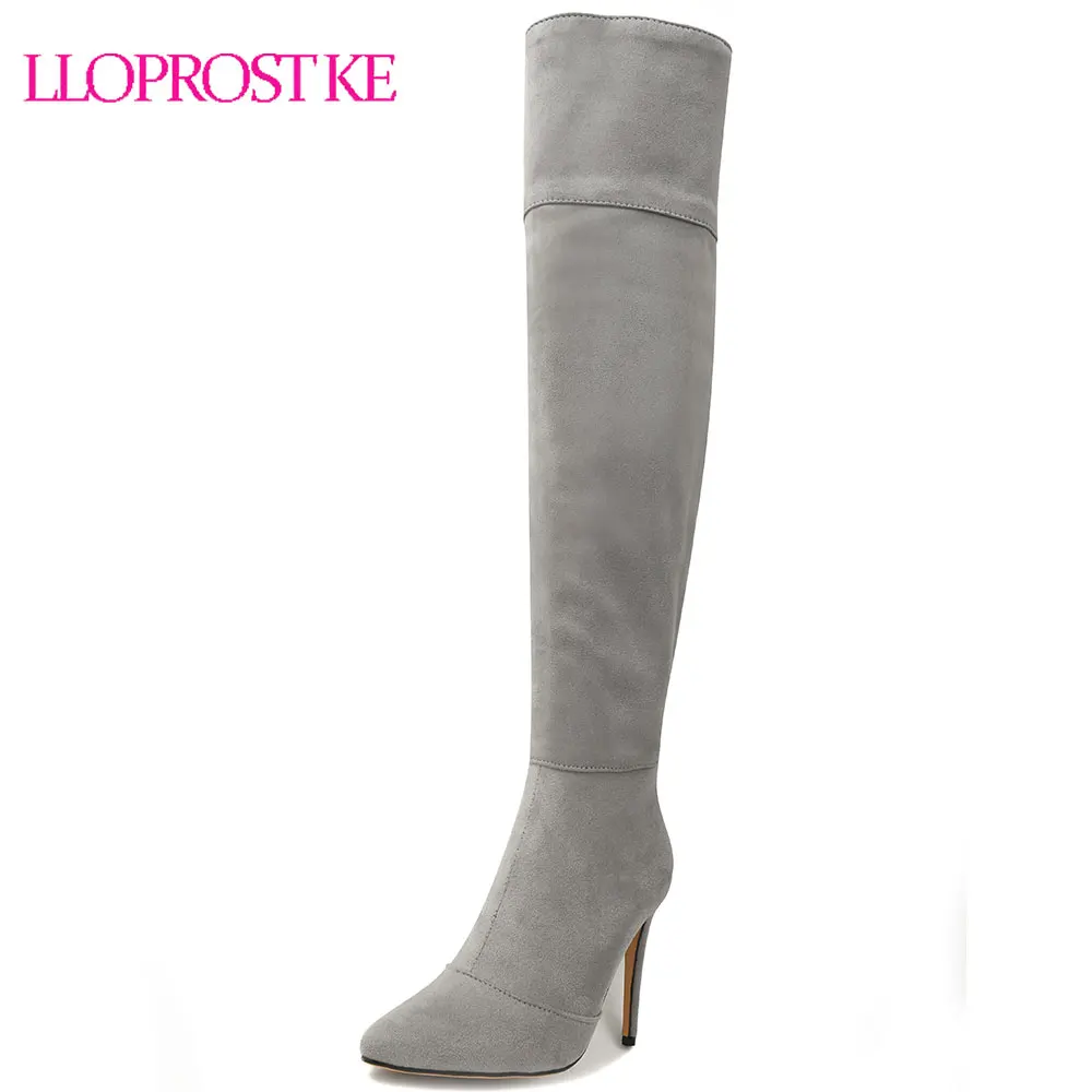 

Lloprost ke Plus Size 46 2018 Autumn high heels women boots flock over the knee boots sexy lady thin heels thigh high boots D413