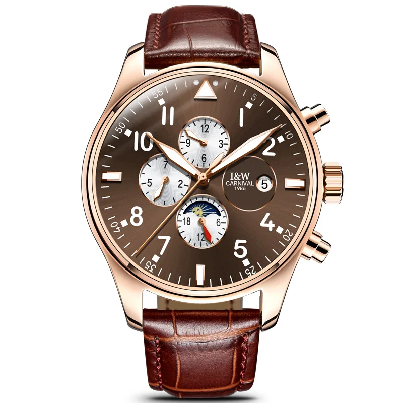 Brown Gold Brown Карнавальные мужские часы с большим синим циферблатом, несколько календарей, светящийся указатель, водонепроницаемые автоматические механические часы, люксовый бренд, relogio - Цвет: Brown Gold Brown