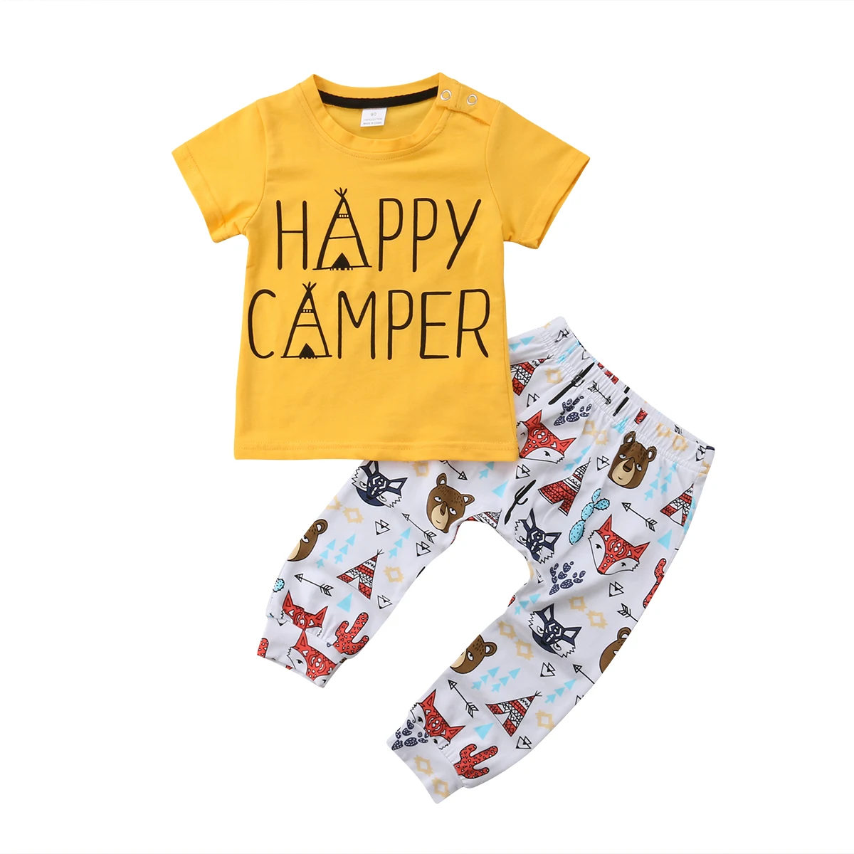 Casual Toddler Kids Boys happy camper Tops T-shirt +Cartoon Printed Pants 2Pcs Outfit Set Kid Clothes |