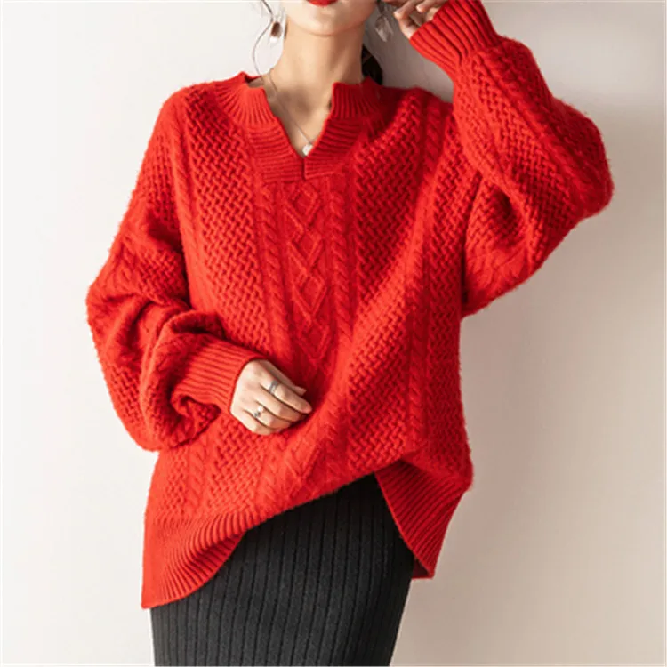 100%goat cashmere thick knit women vintage style Vneck pullover sweater H-straight wide loose lantern sleeve XS-L | Женская одежда