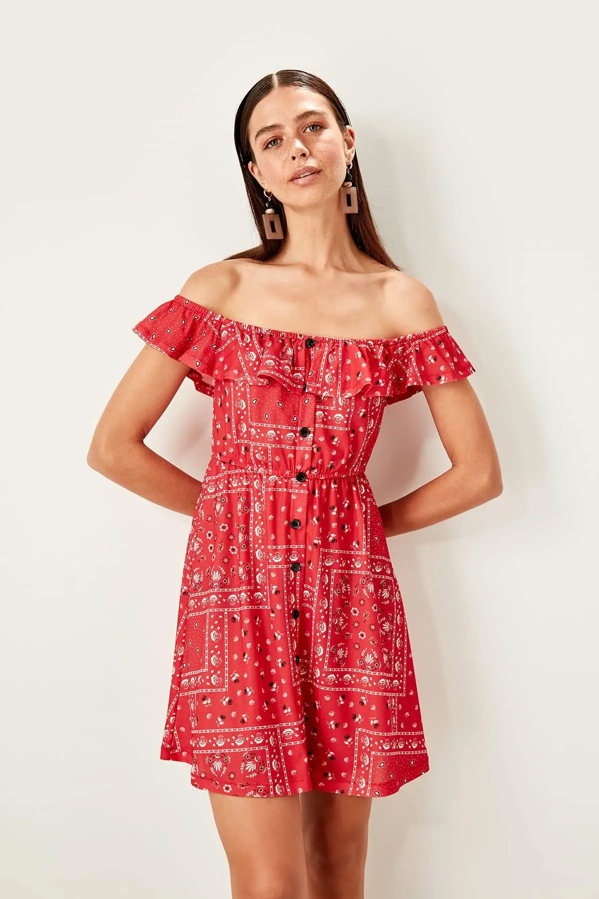 Trendyol красный Кармен воротник узор трикотажное платье TWOSS19ST0144|Женские платья| |