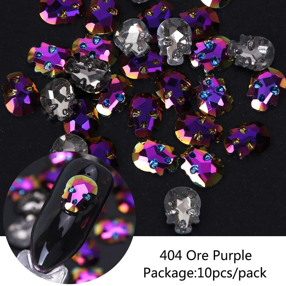 10pcs 404 10 шт 3D Череп Кость Стразы для ногтей ювелирные изделия драгоценные камни Хэллоуин талисманы Flatback камни для дизайна ногтей украшения маникюрные аксессуары LA963 - Цвет: 10pcs 404
