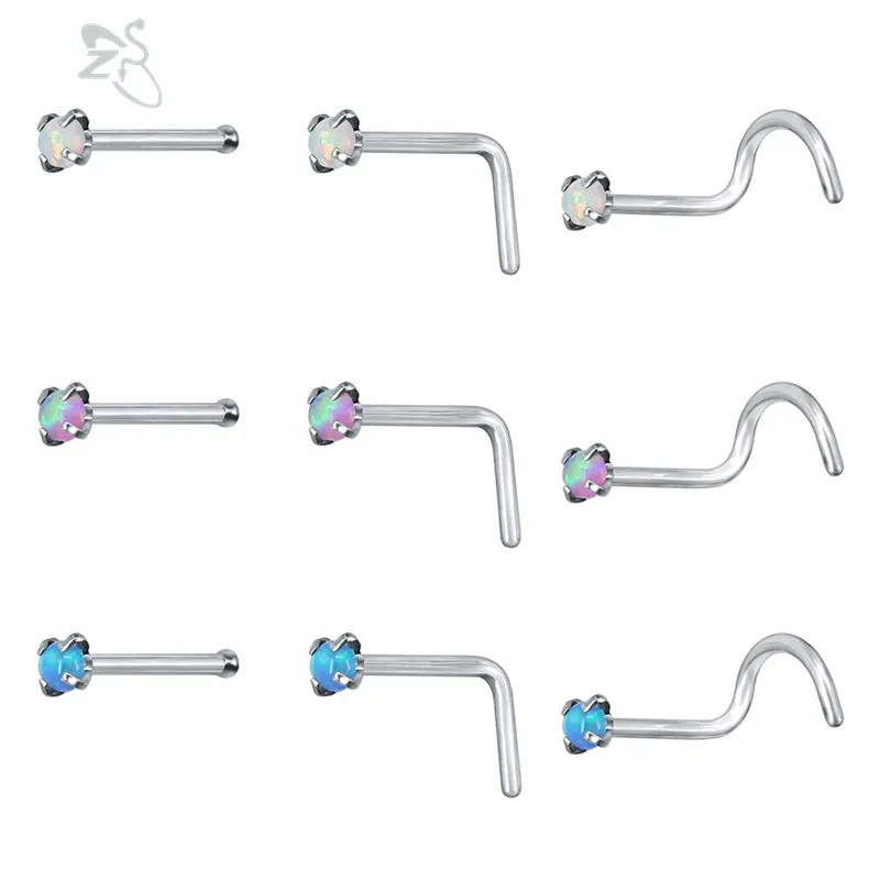 

ZS 3 Pcs/lot 20g Stainless Steel Nose Rings Opal Piercing Nose Screw Curved Prong Nose Piercing Body Jewelry Nariz Stud Nostril