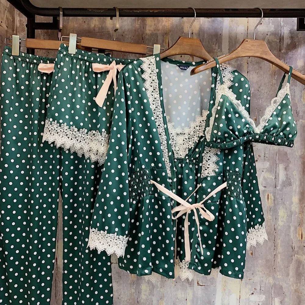 Для женщин пижамы 5 шт. атлас Pijama Шелковый Домашняя одежда домашняя вышивка сна Lounge комплект