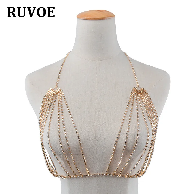 

Rhinestone Crystal Bikini Bra Top Chest Belly Tassel Chains Crossover Harness Necklace Body Jewelry Festival Party Cover Up MT-1