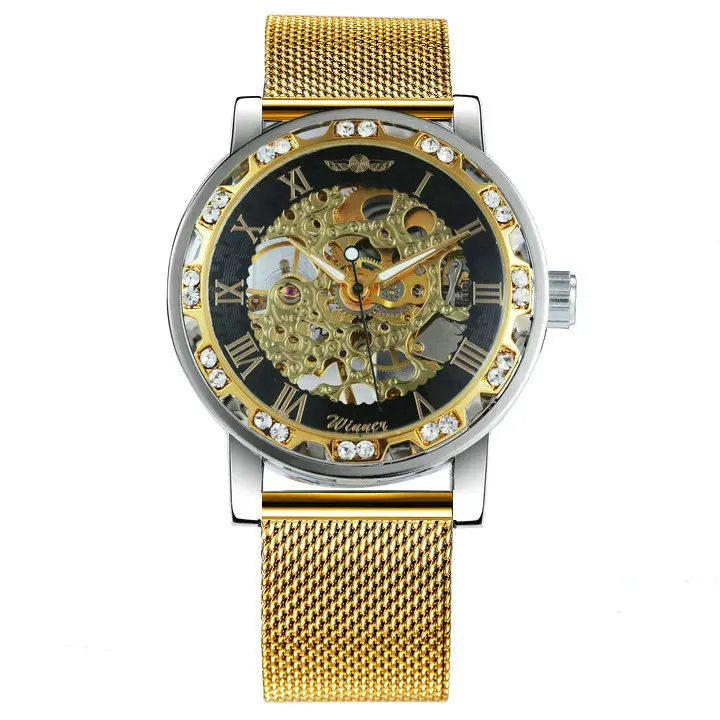 GOLD GOLD BLACK WINNER официальный бренд роскошные механические часы для мужчин Золотой Скелет часы нержавеющая сталь сетка ремешок модное платье наручные часы - Цвет: GOLD GOLD BLACK