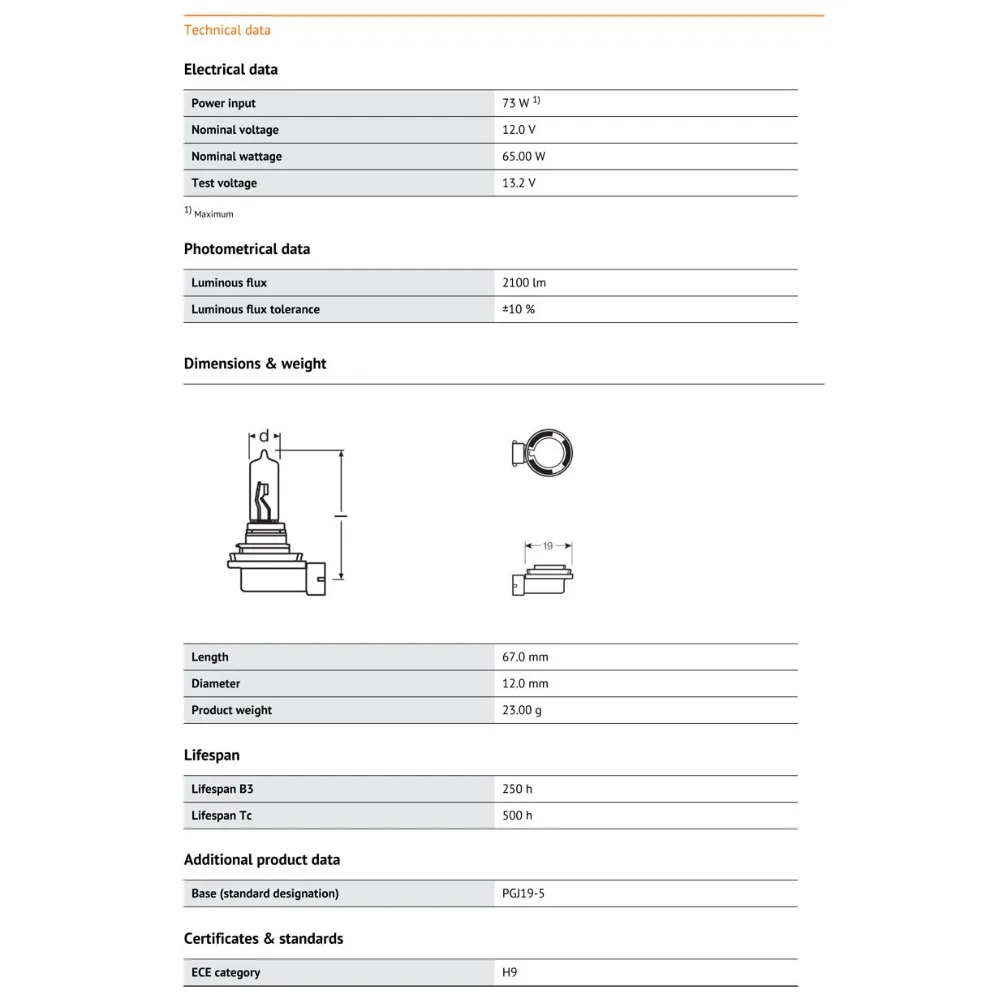 OSRAM оригинальный H9 12V 65W 64213 3200K Стандартный Авто головной светильник Замена