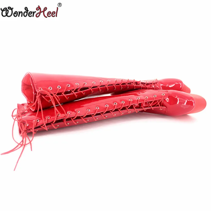 Wonderheel/пикантные черные лакированные сапоги до колена на очень высоком каблуке 8