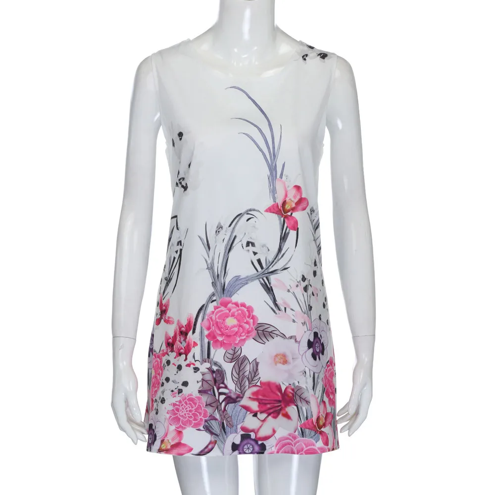 

Vintage Boho Women Summer Dress Casual Sleeveless Beach Printed Short Mini Dress