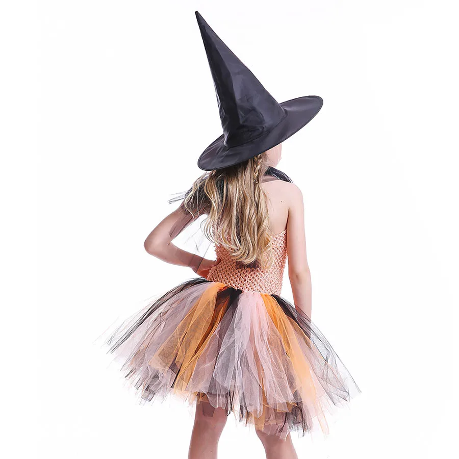 Платье-пачка злой ведьмы на Хэллоуин с шапкой для маленьких девочек оранжевая и