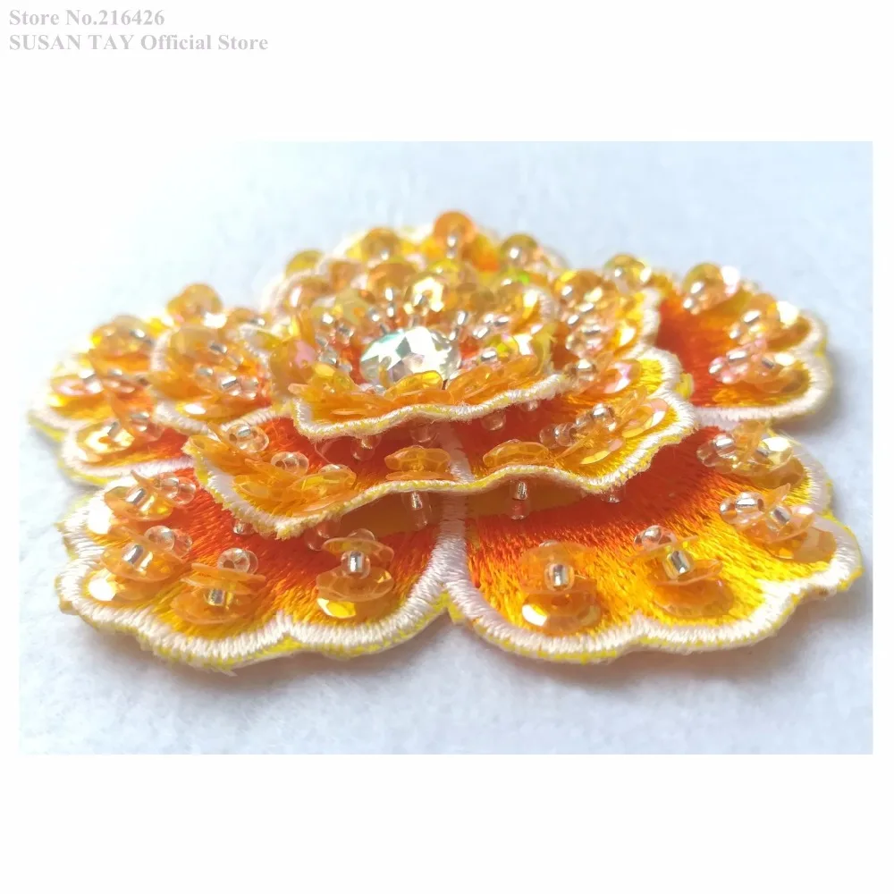 New Yellow Sequined Beaded 3-Layer 3D Flower Embroidery Patches Lace Applique Dancing Dress Costume Decorating 10pcs/lot BNC143E | Дом и сад