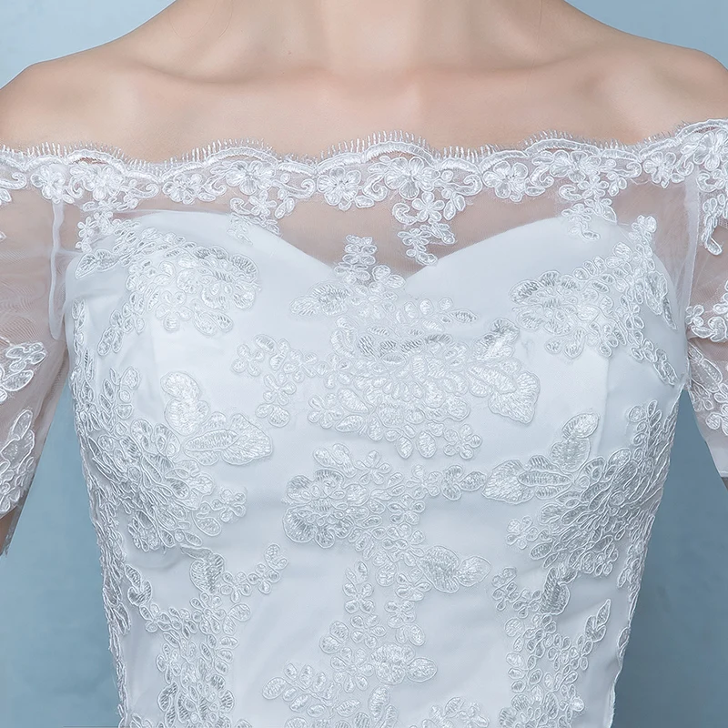 Женское свадебное платье белое кружевное с вырезом лодочкой и коротким рукавом