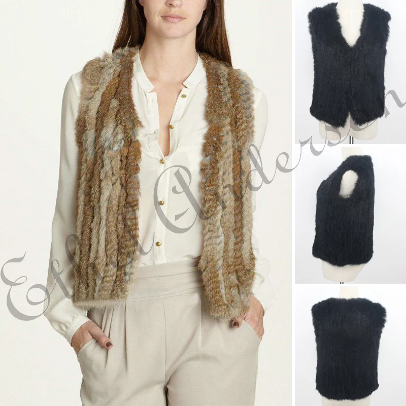 ETHEL ANDERSON Women's 100% Real Farm Knitted Rabbit Fur Coat Fur Vest Outwear Gilet Fur Spring Fall Coat Jacket Short Style