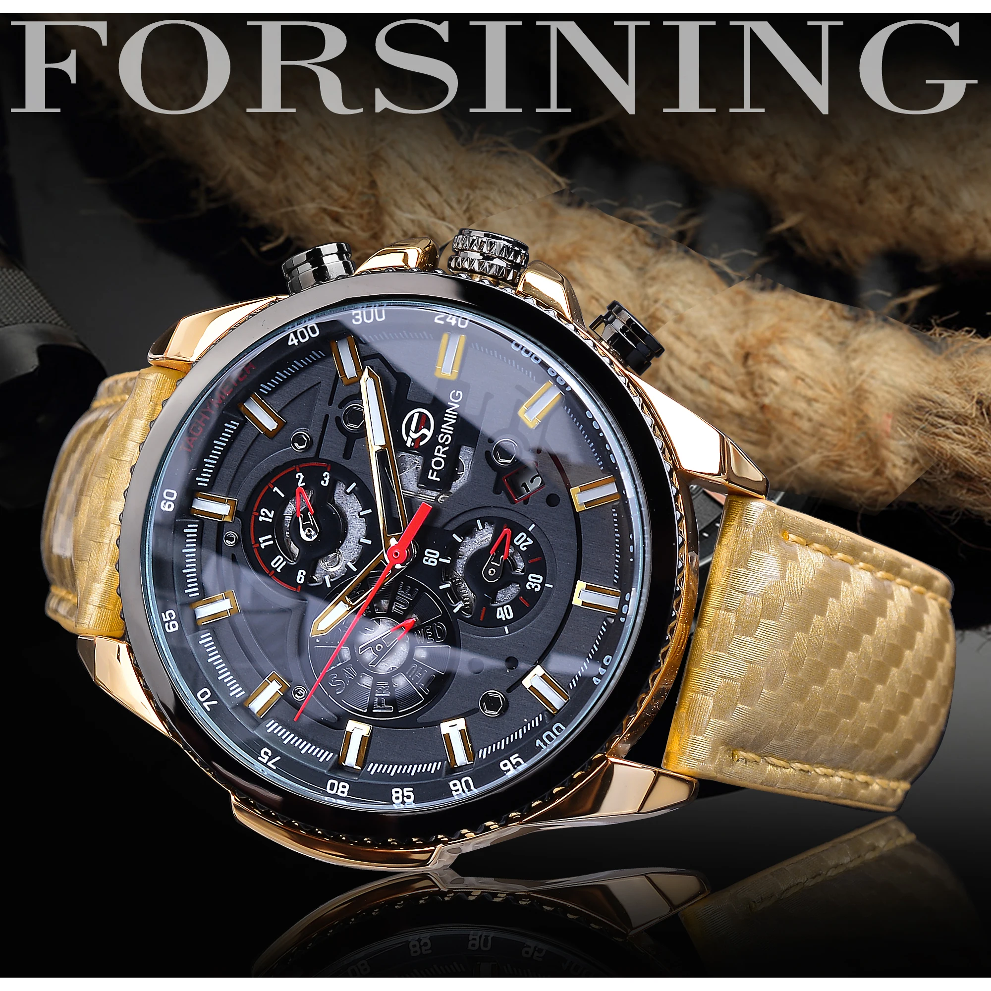 Forsining Automatic Self-Wind Movement Black Men Watch Golden Multifunction Date Polished Leather Fashion Mechanical Male Clock | Наручные
