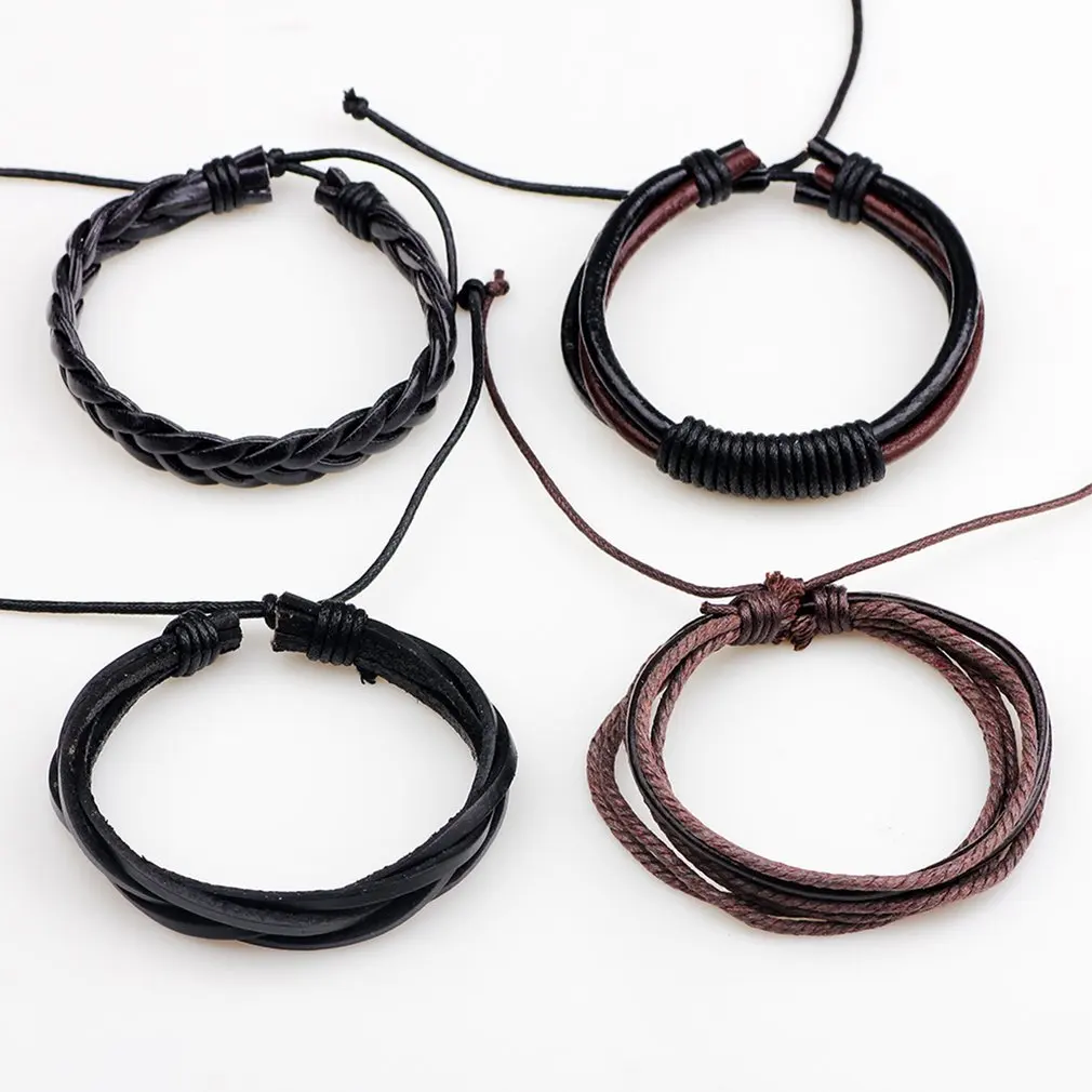 4PCS/PACK Punk Style Vintage Bracelet Handmade PU Leather Braided DIY Men Black Brown Casual Bracelets Fashion Jewelry | Украшения и