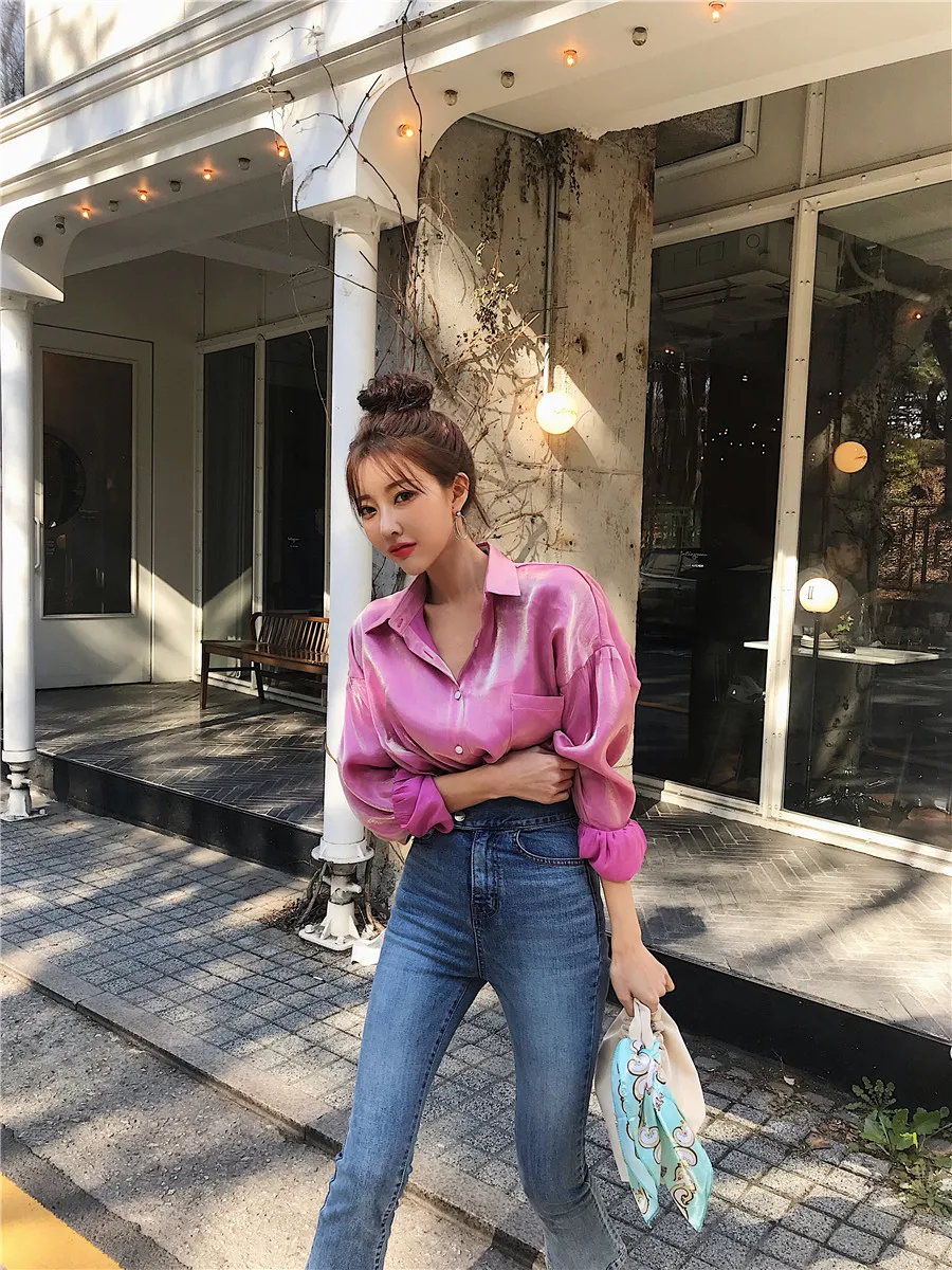 Коробов Новая мода Blusas Femininas элегантное блестящее кольцо с длинным рукавом в Корейском стиле Для женщин блузки из органической кожи Модные Однобортный рубашка 77997