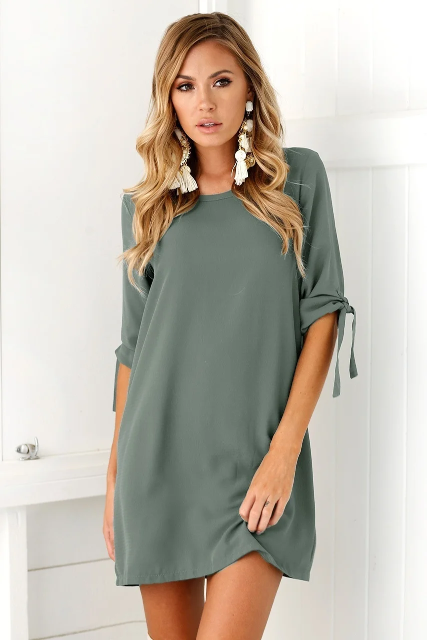 S-5XL Women Beam Sleeve Shirt Dress Round Neck Straps Dresses Chiffon Soild Color | Женская одежда