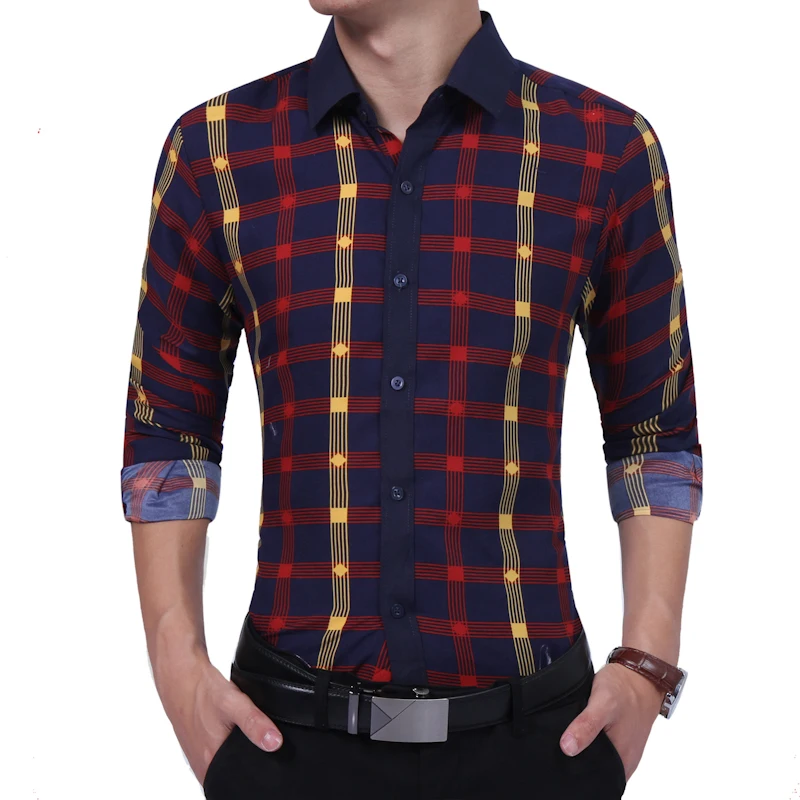 

La MaxPa Brand 2018 Fashion Male Shirt Long-Sleeves High Quality Hit Color Plaid Shirt Mens Dress Shirts Slim Men Shirt XXL