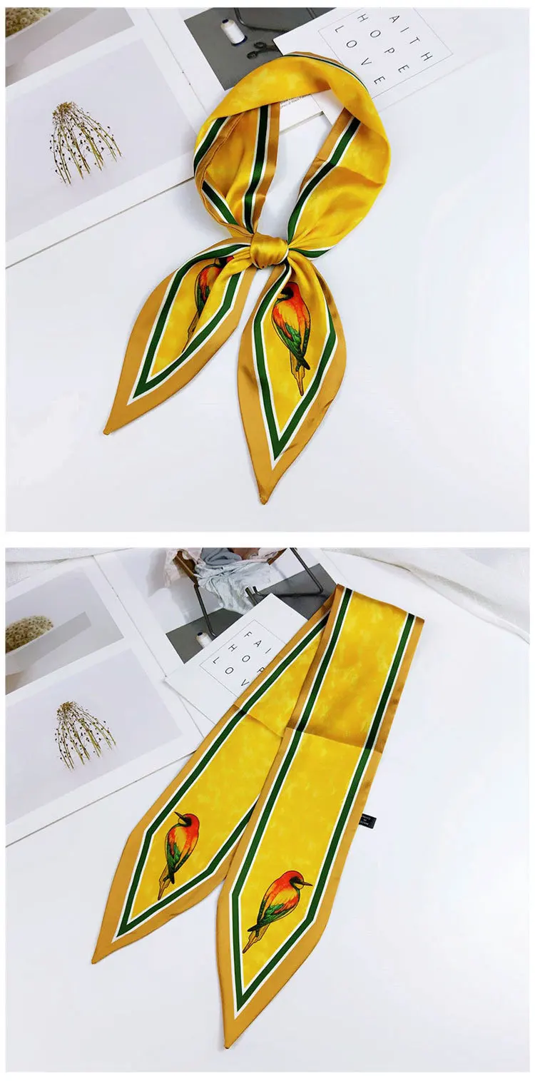 Fashion Hair Scarf For Women Neckerchief Cute Tie Wrist Ribbons Print Silk Satin Bag Scarfs Long Skinny Scarves For Ladies