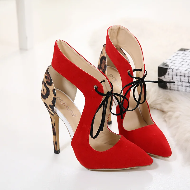 Shallow Cut Lace Up Covered Heel Stiletto Party Nightclub Shoes Women Sexy Leopard Suede Leather Pointed Toe Pumps | Обувь