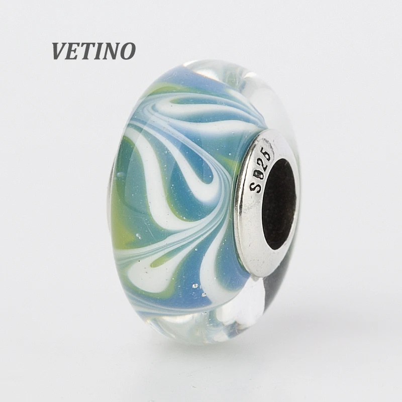 Голубая Сетка муранское стекло бусины 925 Серебро Core Lampwork Fit Европейский бренд