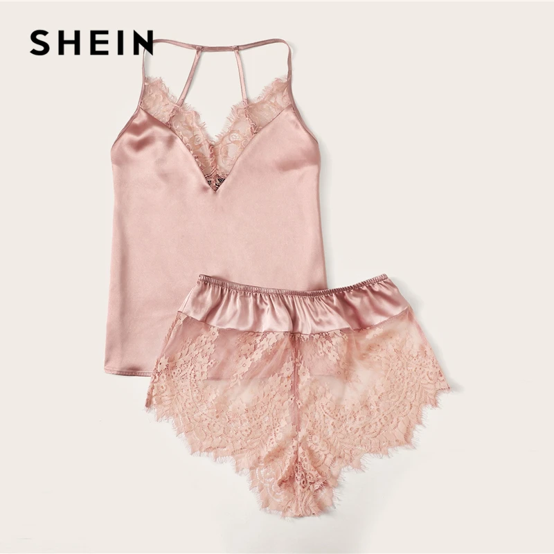 SHEIN Атласный Топ На Бретелях С Кружевом И Шорты Пижама Комплект Женский Розовый Летний Сексуальный Комплект Пижамы