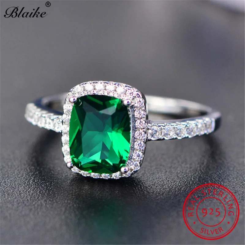 Green Ring Кольца из стерлингового серебра s925 пробы для женщин, обручальные кольца, квадратные Кристальные камни, обещание на помолвку, кольцо, белое кольцо с синим сапфиром, ювелирные изделия - Цвет камня: Green Ring