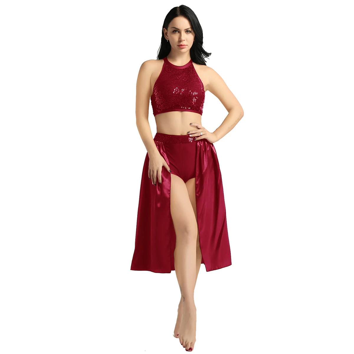 Wine Red Балетное платье женские костюмы для лирических танцев балерина трико танцевальное платье Холтер шеи без рукавов с блестками укороченный топ балетная юбка - Цвет: Wine Red