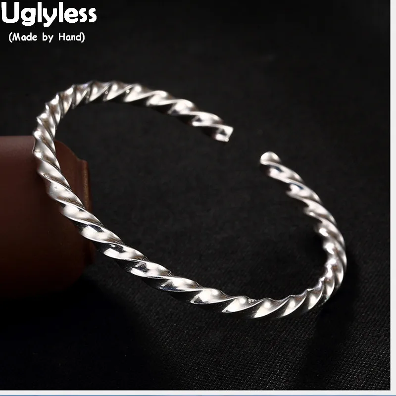 

Uglyless Real 999 Fine Silver Jewelry Cool Exaggerated Twist Bangle Simple Fashion Girls Dress Bangles Women Personalized Bijoux