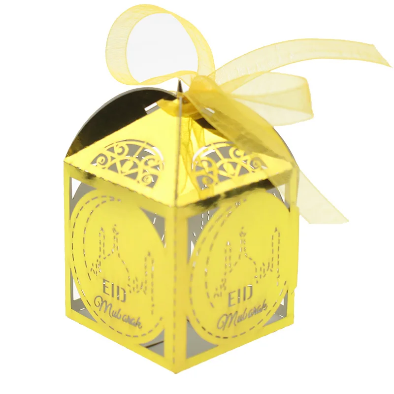 

100PCS Laser Cut Happy Eid Mubarak Candy Box,Gold/Sliver Hajj Mabrour Paper Gift Boxes Ramadan Kareem Party Gift Boxes