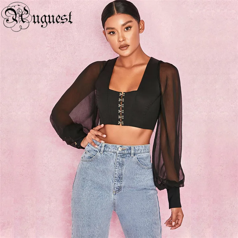 Uguest Women Mesh See Through Top Square Collar Patchwork Long Lantern Sleeve Short With Sleeves Black T-shirts Summer | Женская одежда