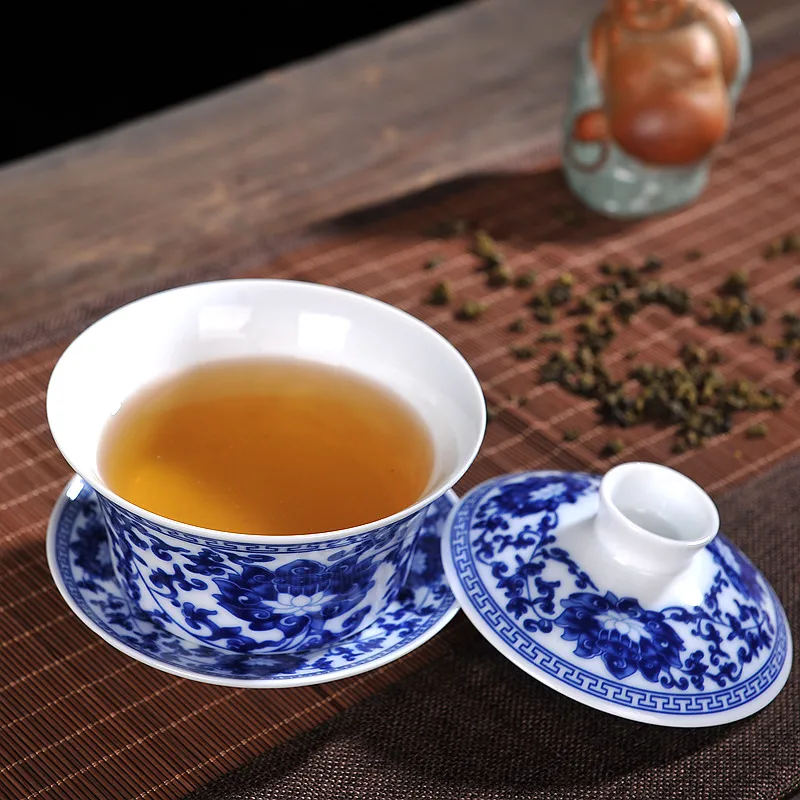 Китайский чайный набор Gaiwan синий и белый фарфоровый кунг фу Tureen керамическая