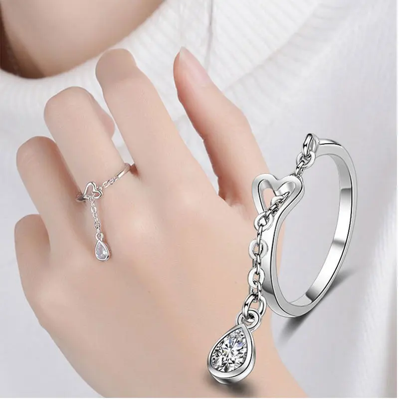 

New Arrival 925 Sterling Silver Jewelry Zircon Water Drop Love Heart Rings For Women Wedding Rings Anillos Mujer