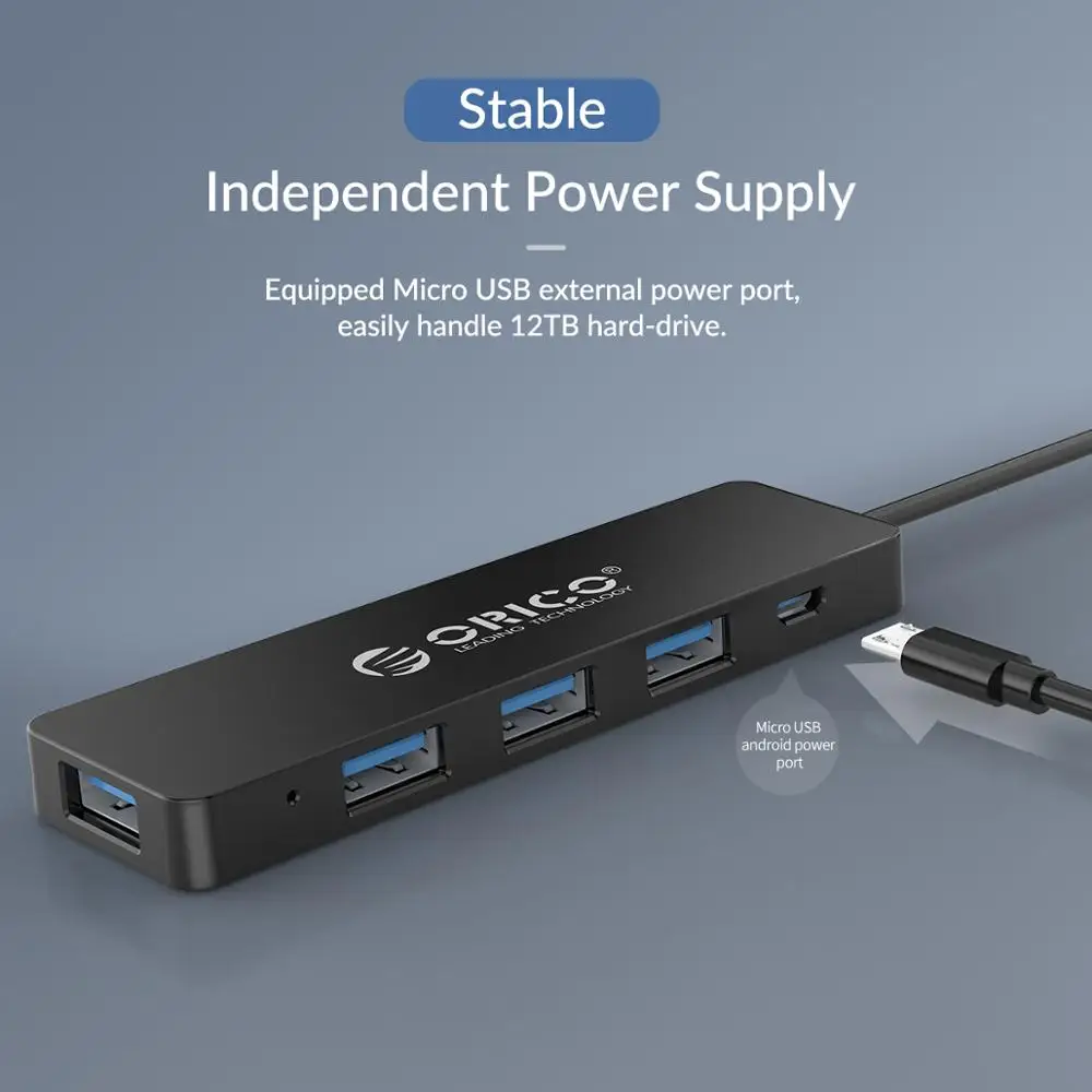 ORICO USB3.0 концентратор с интерфейсом питания мульти 4 порта USB разветвитель OTG адаптер Поддержка 5 Гбит/с 12 ТБ HDD для ПК компьютер Ноутбук
