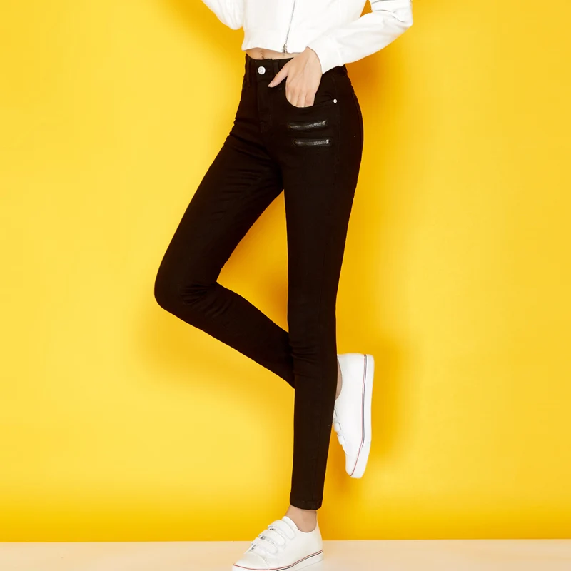 Новые осенние черные джинсы поддельные молнии 70% хлопок середины талии плюс