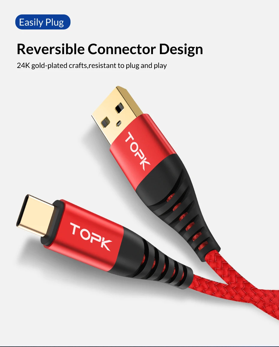 TOPK usb type C кабель 3 м для samsung S9 S8 USB C мобильный телефон Быстрая зарядка type C кабель для Oneplus 6t Xiao mi Red mi note 7 mi 9