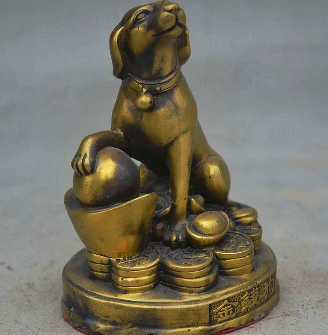 WBY China FengShui Bronze Copper Zodiac Year Dog Wealth Coin YuanBao Animal Statue | Дом и сад