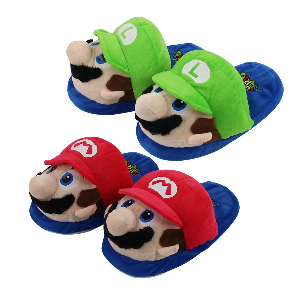 Красные и зеленые Тапочки Super Mario Bros Mario Luigi, 27 см мягкие плюшевые тапочки из плюша для игр с героями мультфильмов, зимняя теплая домашняя обувь